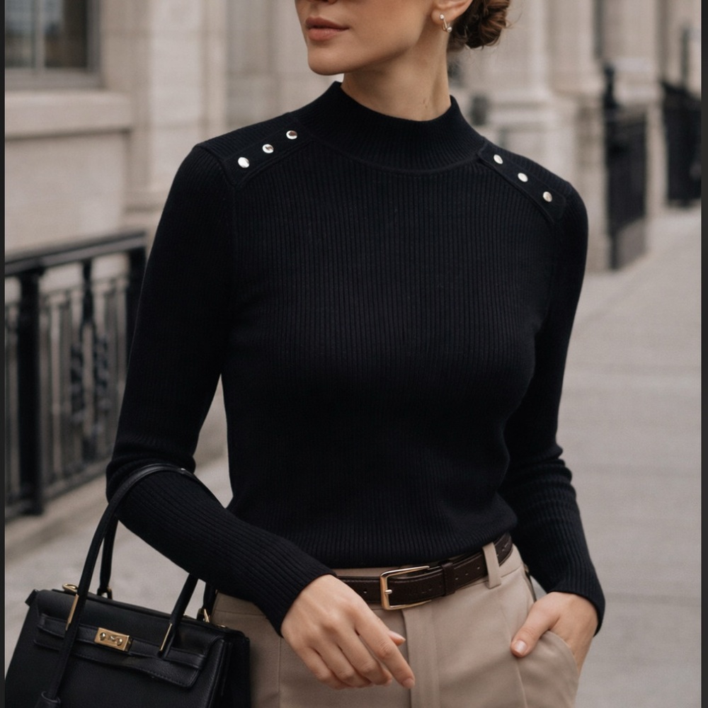 HUGO BOSS Ribbed Wool-Blend Mock Neck Sweater | Button Shoulder Detail‎
